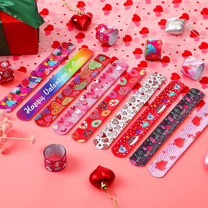 JUNEBRUSHS 56 PCS Valentines Slap Bracelets Valentine Day Party Favors Holiday Slap Wristbands Bulk Valentines Toys Prizes for Kids Girls Boys Birthday Party Supplies Classroom Prize