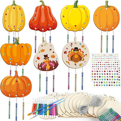 gisgfim 16 Pack Thanksgiving Pumpkin Wind Chime Crafts Kits for Kids Make Your Own Pumpkin Wind Chime Wooden DIY Arts and Crafts for Fall Party School Classroom Decorations Supplies Birthday Favors