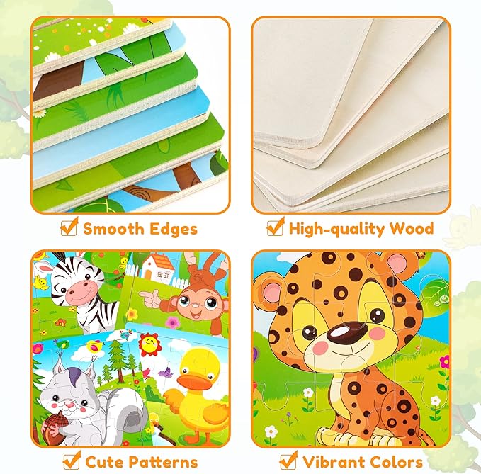 SYNARRY 6 Pack Wooden Jigsaw Puzzles for Kids Ages 2-5 Years Old, 9 Pieces Toddlers Animal Puzzles, Educational Preschool Learning Toys for Children Boys and Girls, Best Kids Puzzle Toys & Gifts