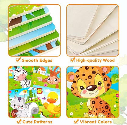 SYNARRY 6 Pack Wooden Jigsaw Puzzles for Kids Ages 2-5 Years Old, 9 Pieces Toddlers Animal Puzzles, Educational Preschool Learning Toys for Children Boys and Girls, Best Kids Puzzle Toys & Gifts