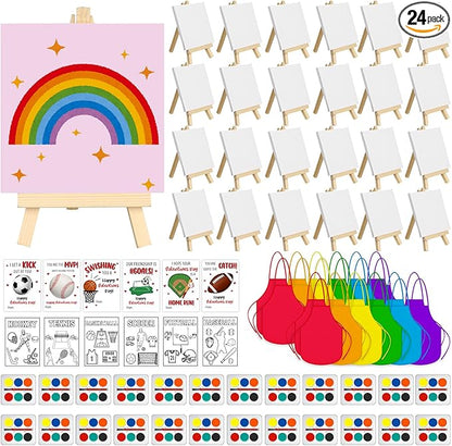 Gosodeny 24 Sets Valentines Watercolor Paint Set Painting Cards Painting Canvas Panel with Wooden Easel Watercolor Paint Painting Brush Kit Valentines Day Cards Packaging Bag Set Gifts