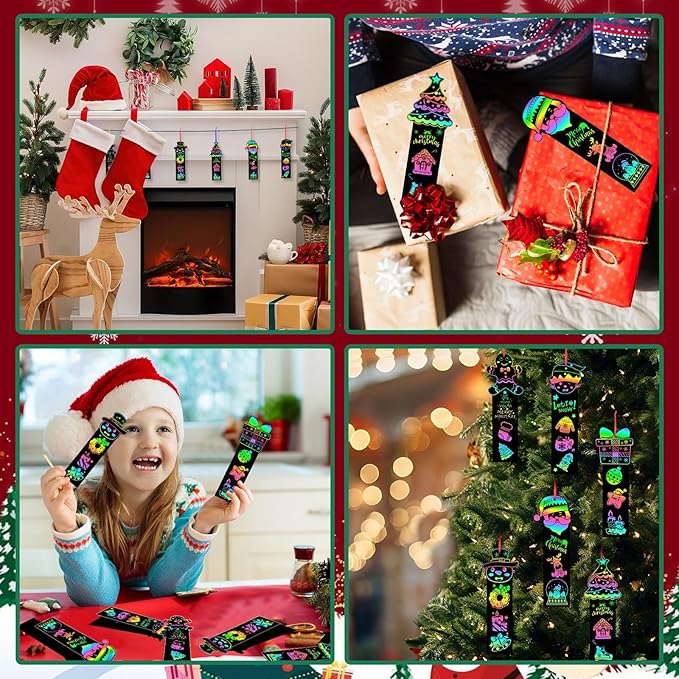 JUNEBRUSHS 30Pcs Christmas Scratch Bookmarks, Rainbow Magic Scratch Paper Art Christmas Tree Santa DIY Crafts Kit for Xmas Hanging Ornaments Christmas Party Favors Gifts