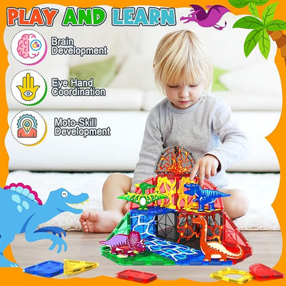 Dinosaur Toys Magnetic Tiles Lava Dinosaur World Set - Kids Games for 3+ Year Old Boys & Girls, Magnetic Blocks for Kids Ages 3-4 5-7 8-13 STEM Preschool Learning Montessori Toddler Toys