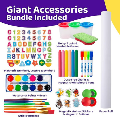 Blue Squid Art Easel for Kids - Dual-Sided Adjustable Wooden Painting Easels, Gift for Toddlers and Kid - with Magnetic Chalk Board, White Board & Paper Roll, (Multicolor +100 Accessories, Premium)