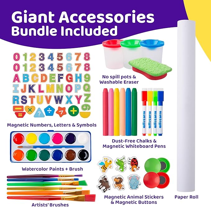 Blue Squid Art Easel for Kids - Dual-Sided Adjustable Wooden Painting Easels, Gift for Toddlers and Kid - with Magnetic Chalk Board, White Board & Paper Roll, (Multicolor +100 Accessories, Premium)