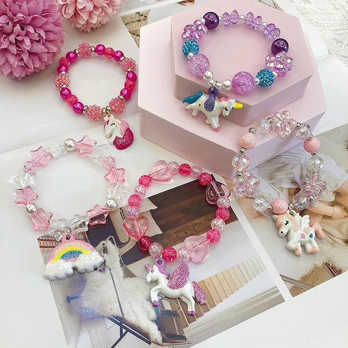 5pcs Little Girl Bracelet Kids Unicorn Bracelets Girl Unicorn Party Favor Pretend Play Bracelet for Toddlers Teens Charm Bracelet Gift Box