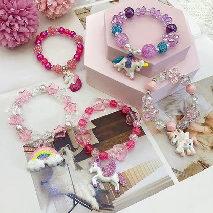 5pcs Little Girl Bracelet Kids Unicorn Bracelets Girl Unicorn Party Favor Pretend Play Bracelet for Toddlers Teens Charm Bracelet Gift Box