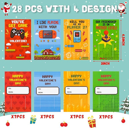 Haooryx Valentine's Exchange Gifts Bulk - 28-Piece Video Game Slap Bracelets with Greeting Cards Valentine's Day Kids' Multi-Item Party Favor Packs Class School Prizes Heartfelt Game Nights Reward