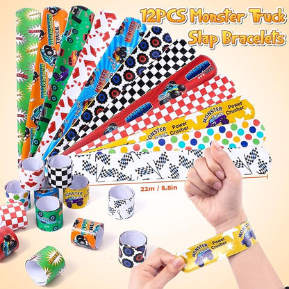 98Pcs Monster Truck Party Favors Birthday Supplies for Boys Kids, Bubble Wands Drinking Straws Slap Bracelets Keychains Stickers Goodie Bag Stuffer Monster Truck Themed Birthday Party Supplies