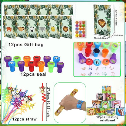 158PCS Jungle Safari Party Favors Set – Wild Animals Goodie Bag Stuffers, Masks, Straws, Stamps, Keychains, Gift Bags, Assembly Toys for Kids Birthday Party, Boys & Girls Party Favors