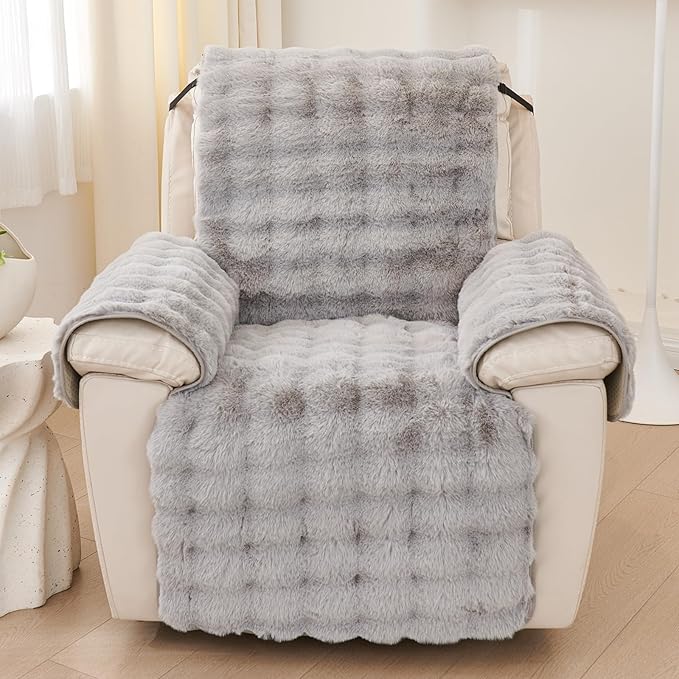 vctops Faux Fur Fluffy Recliner Chair Slipcover Faux Rabbit Fur Non Slip Sofa Cover Super Soft Plush Thick Couch Cover Furniture Protector with Elastic Straps for Kids, Dogs, Pets(Light Grey,24")