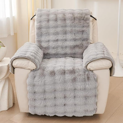 vctops Faux Fur Fluffy Recliner Chair Slipcover Faux Rabbit Fur Non Slip Sofa Cover Super Soft Plush Thick Couch Cover Furniture Protector with Elastic Straps for Kids, Dogs, Pets(Light Grey,24")