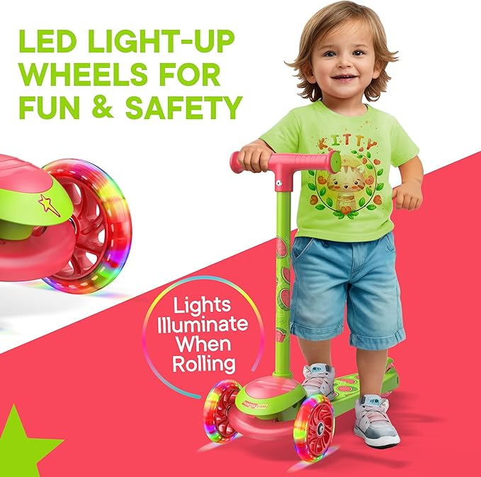 3 Wheel Scooter for Kids, Smooth Light Up LED Front Wheels, Wide Anti Slip Deck, Rear Foot Brake, Easy Lean to Steer Maneuvering, Indoor & Outdoor Ride On Toys for Ages 2 Up,