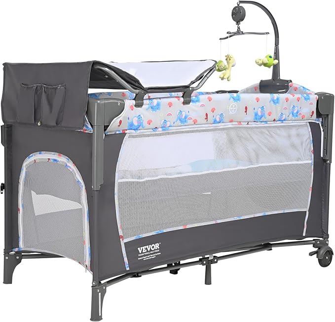 VEVOR Baby Bassinet, Pack and Play Bassinet Fold Portable Baby Bedside Sleeper Crib with Changing Table, Baby Playards Bed with Mosquito Net(Two Wheels)…