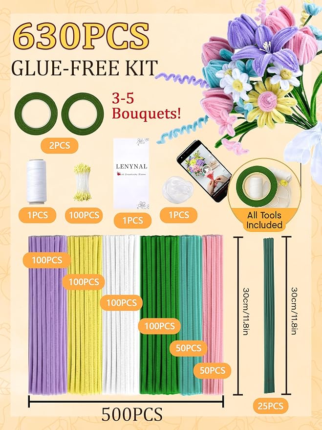 LENYNAL 500 Pcs Pastel Pipe Cleaners Craft Bulk, Macaron Pipe Cleaner Flower Kit, Glue-Free & Safe for Kids, Step-by-Step Tutorial, 6 Colors Chenille Stems for Flower Making