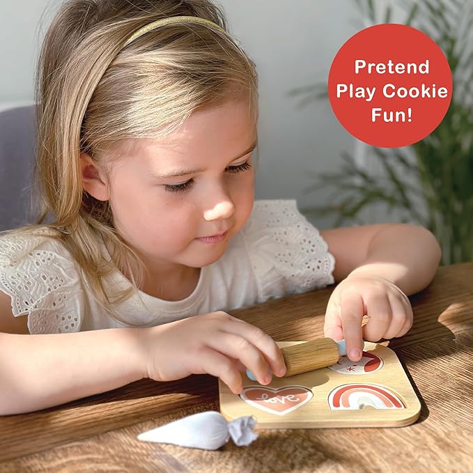 Mentari Toys - Cookie Cutting Set - 7pc Wooden Cookie Play Food Set with Accessories - Pretend Play Cookies and Baking for Toddlers - Shape Sorting Imaginative Play Set for Toddlers - Age 2+
