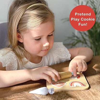 Mentari Toys - Cookie Cutting Set - 7pc Wooden Cookie Play Food Set with Accessories - Pretend Play Cookies and Baking for Toddlers - Shape Sorting Imaginative Play Set for Toddlers - Age 2+