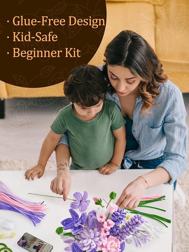 LENYNAL 500 Pcs Pastel Pipe Cleaners Craft Bulk, Purple Pipe Cleaner Flower Kit, Glue-Free & Safe for Kids, Step-by-Step Tutorial, 6 Colors Chenille Stems for Flower Making