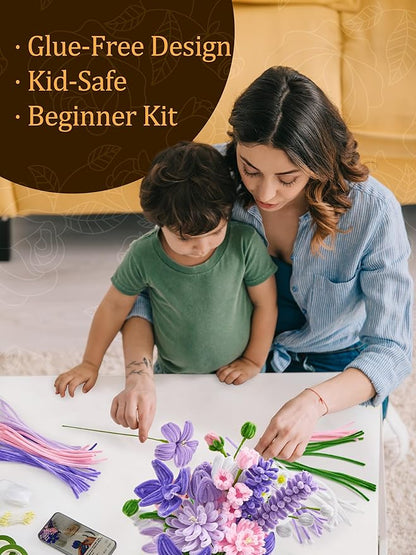 LENYNAL 500 Pcs Pastel Pipe Cleaners Craft Bulk, Purple Pipe Cleaner Flower Kit, Glue-Free & Safe for Kids, Step-by-Step Tutorial, 6 Colors Chenille Stems for Flower Making
