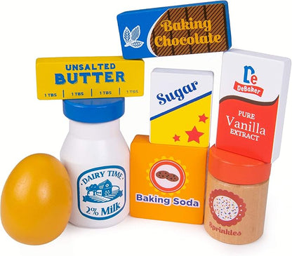 Baker's Mart Ingredient Set | Wooden Play Food Baking Groceries | Includes Baking Soda, Chocolate, Milk, Sugar, Vanilla, Flour, Sprinkles, Butter and Egg | Pretend Play Food Kitchen Accessories