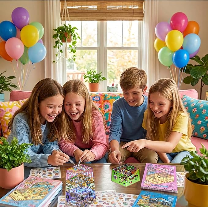 32 Sets (1200+) DIY 3D Stickers for Kids & Adults with 4 Sticker Books, Make Your Own Houses, Buildings, Shops & Amusement Park Scenes for Parties, Birthdays & Gifts