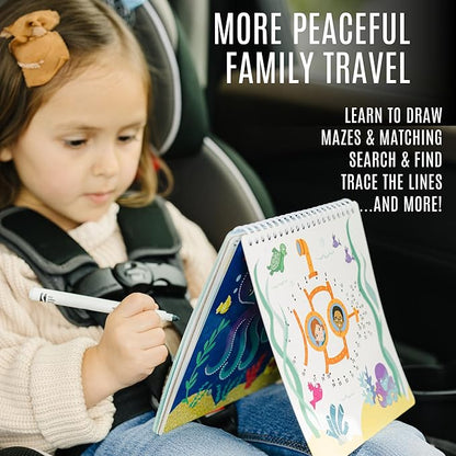 Kids Small Size Travel Educational Activity Book with Washable Markers (7"x7") - Car and Airplane Activities, Learning Toys for Toddlers - Search and Find, Reusable Stickers for Ages 4, 5, 6 (Ocean)