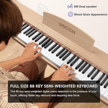 UISCOM Digital Piano Keyboard for Beginners, Full Size 88 Key Semi-Weighted Keyboard Electric Piano with Stand,Power Adapter,Sheet Music Stand,Pedal,Headphone,USB-MIDI Compatible,Wood Grain Apricot