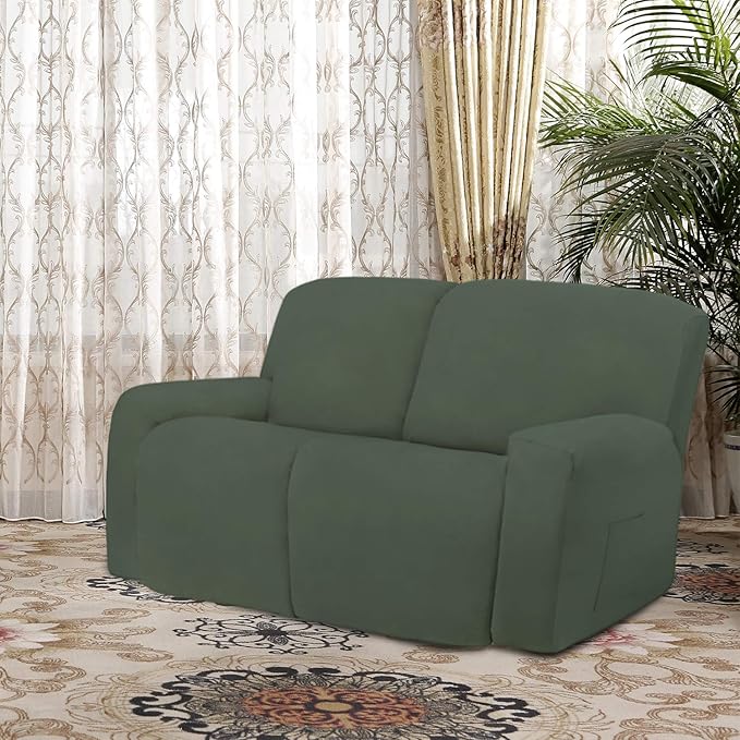 Easy-Going 6 Pieces Microfiber Stretch Sectional Recliner Sofa Slipcover Soft Fitted Fleece 2 Seats Couch Cover Washable Furniture Protector with Elasticity for Kids(Recliner Loveseat, Greyish Green)