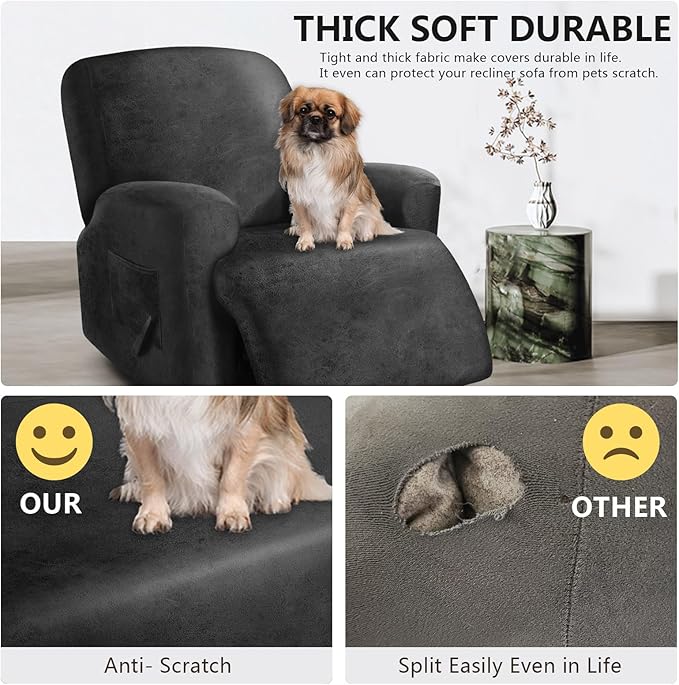 Leather Look Oversize Recliner Chair Covers, Thick 4 Pieces Lazy Boy Recliner Covers for Recliner Chair, Leather Cover for Recliner Slipcovers for Pets Kids(X-Large, Dark Grey)