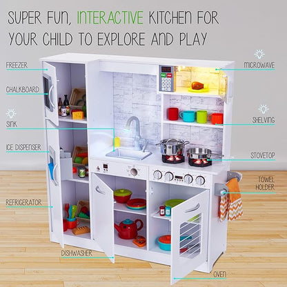Lil' Jumbl Kids Kitchen Set, Pretend Wooden Play Kitchen, Battery Operated Icemaker, Burners, Faucet & Microwave Makes Realistic Sound & Light, Pots & Pan Included - White