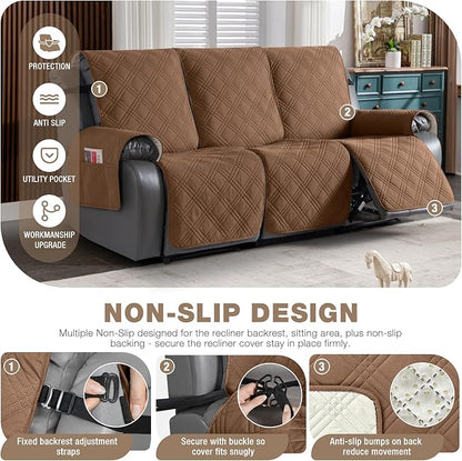 TAOCOCO 100% Waterproof Recliner Sofa Covers 3 Seater Split Couch Covers for 3 Cushion Reclining Couch with Straps, Non Slip Reclining Sofa Covers Furniture Protector for Kids Pets(3 Seater, Brown)