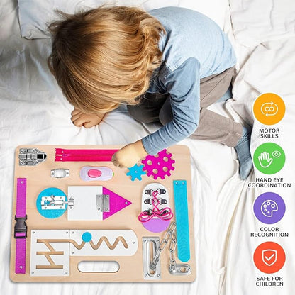 Montessori Busy Board for Toddlers, Wooden Sensory Toys, Kids 1-3 Travel Toy, Preschool Learning Activities for Fine Motor Skills, Basic Life Skills Educational Gifts for 1 2 3 Years Old Girls (Pink)