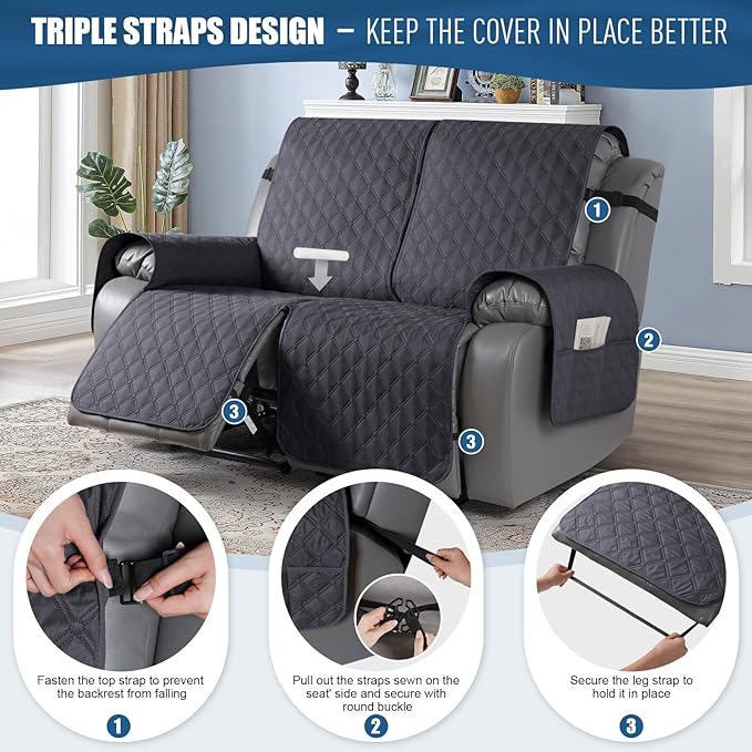 TAOCOCO 100% Waterproof Recliner Covers, Recliner Sofa Covers with Leg Straps, Reversible Recliner Couch Cover for Reclining Chair, Washable Couch Protector for Pets Kids(2 Seater, Charcoal Gray)