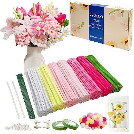 500 Pcs Gradient Pink Pipe Cleaners Flower kit,Chenille Stems for DIY Art Projects Creative Gift,Pipe Cleaners Craft with tutoria,Pearls,Pompoms,Green Floral Wires,Gardening Tape,Stamen