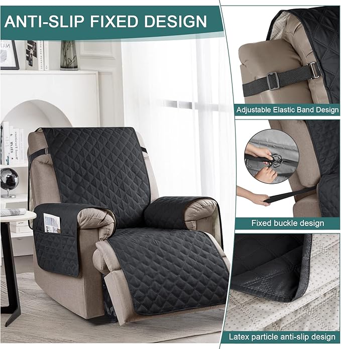 Ruaozz 100% Waterproof Recliner Chair Cover Non-Slip Reclining Cover for Recliner Chair Washable Chair Seat Cover with Elastic Straps for Kids, Dogs, Pets (Black, 23'')