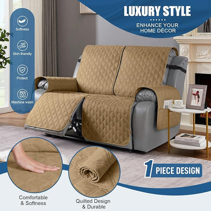 TAOCOCO 100% Waterproof Recliner Covers, Recliner Sofa Covers with Leg Straps, Reversible Recliner Couch Cover for Reclining Chair, Washable Couch Protector for Pets Kids(2 Seater, Camel)