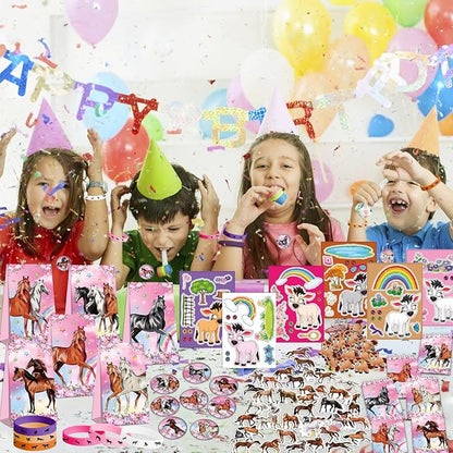 113 PCS Pink Horse Party Favors Set, 41 Horse Stickers, 12 Goodie Bags,12 Button Badges, 12 Keychains, 12mini notepads,12 rubber bracelets for Girl Women Cowgirl Horse Birthday Party Supplies (Pink)