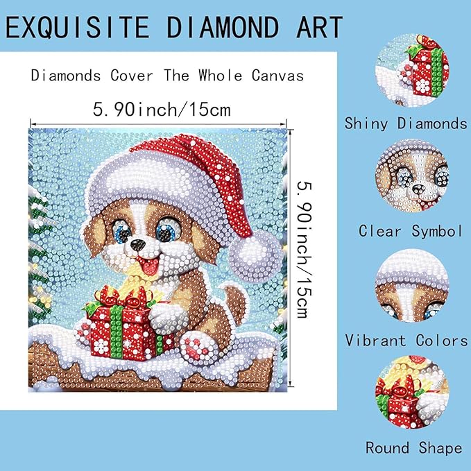 Christmas Diamond Art for Kids with Frame-Dog Kids Diamond Painting Kits,Animal Diamond Painting Kits for Kids 8-12 Full Drill Gem Art for Home Decor 7x7inch