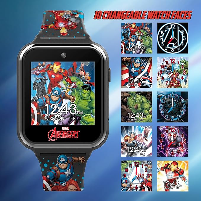 Accutime Kids Marvel Avengers Black Educational Touchscreen Smart Watch Toy for Girls, Boys, Toddlers - Selfie Cam, Learning Games, Alarm, Calculator, Pedometer and more (Model: AVG4597AZ)