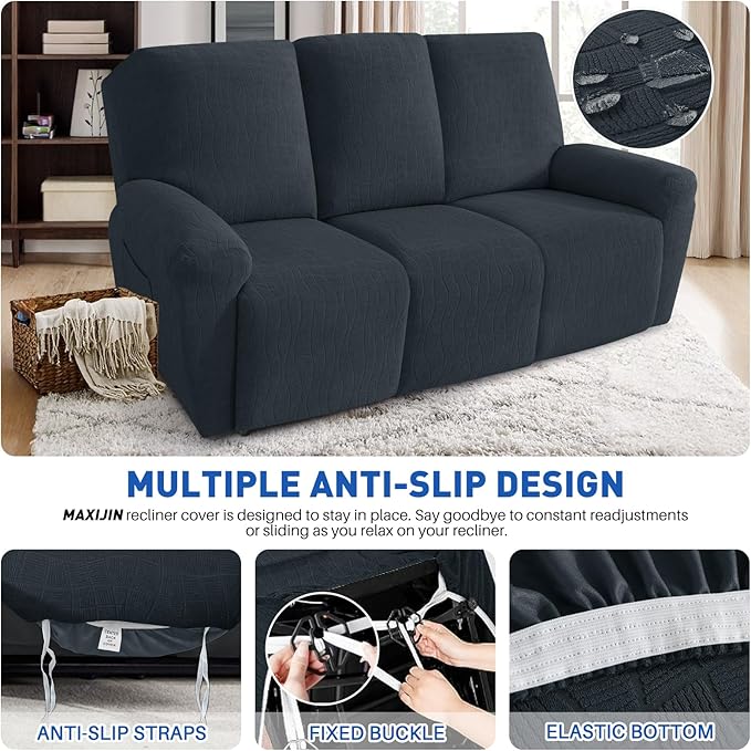 MAXIJIN Waterproof Recliner Couch Cover 5 Pieces Recliner Sofa Covers 3 Seater, Reclining Couch Furniture Protector with Elastic Straps & Pockets for Pet, Kids (Sofa Recliner, Dark Gray)