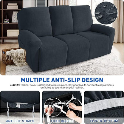 MAXIJIN Waterproof Recliner Couch Cover 5 Pieces Recliner Sofa Covers 3 Seater, Reclining Couch Furniture Protector with Elastic Straps & Pockets for Pet, Kids (Sofa Recliner, Dark Gray)