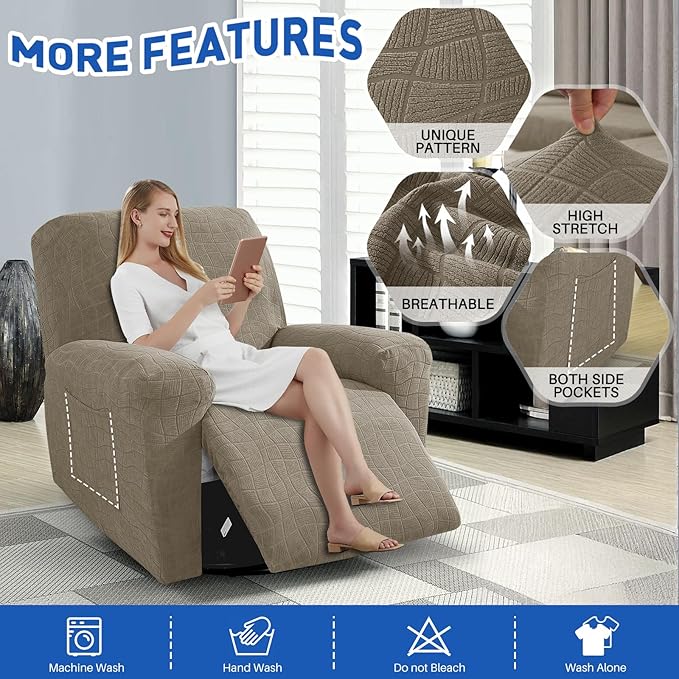 MAXIJIN Waterproof Recliner Chair Covers 3 Pieces Recliner Cover That Stay in Place, Washable Lazy Boy Recliner Slipcovers with Pockets Reclining Protector for Pet, Kids (Recliner, Khaki)