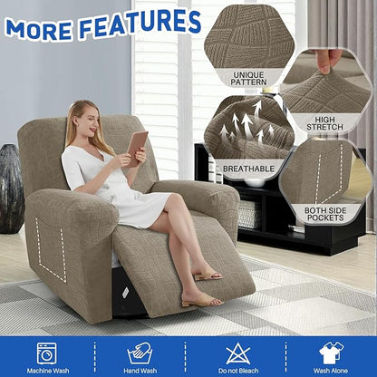 MAXIJIN Waterproof Recliner Chair Covers 3 Pieces Recliner Cover That Stay in Place, Washable Lazy Boy Recliner Slipcovers with Pockets Reclining Protector for Pet, Kids (Recliner, Khaki)