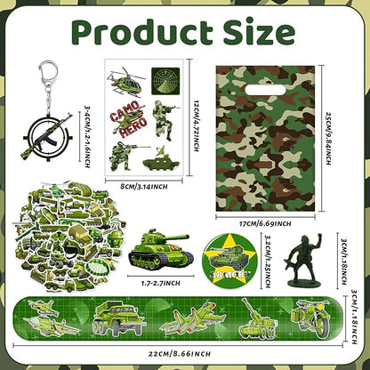 122 PCS Army Party Favors, Military Camo Temporary Tattoos Slap Bracelets Keychains Stickers Badges Goodie Bags Soldiers Figures for Army Birthday Party Decorations Gifts for Kids Classroom Rewards