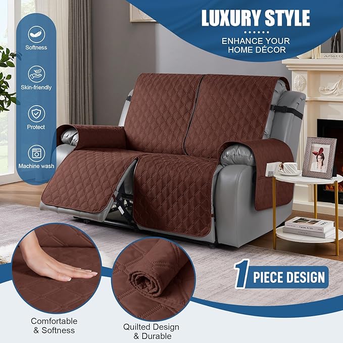 TAOCOCO 100% Waterproof Recliner Covers, Recliner Sofa Covers with Leg Straps, Reversible Recliner Couch Cover for Reclining Chair, Washable Couch Protector for Pets Kids(2 Seater, Coffee)