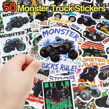 110 PCS Monster Truck Party Favors Birthday Supplies with Drinking Straws, Silicone Bracelets, Bubble Wands, Keychains, and Monster Truck Pinata for Boys Goodie Bag Stuffers