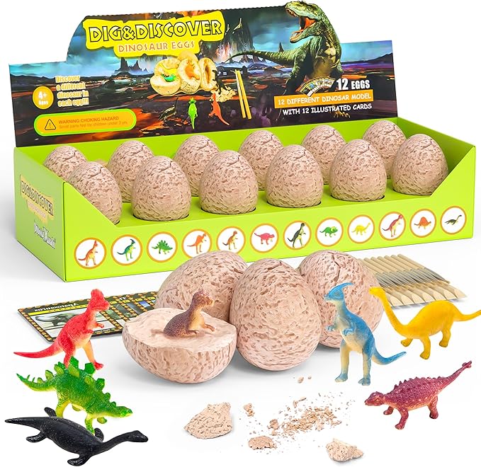 DoDoMagxanadu Dinosaur Eggs,12 Dino Eggs Dig Excavation Kit Dinosaur Toys for Boys, Science STEM Dinosaur Party Favors Easter Basket Stuffers for Boys & Girls Ages 3-5 4-7 5-7+
