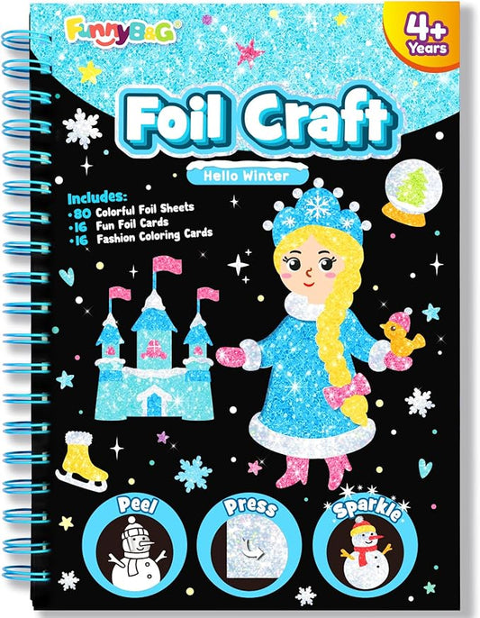 Foil Art Craft Activity for Kids: Fun DIY Toy Sticker Kit, No Mess Creative Travel Supply Set, Idea Birthday Easter Basket Stuffers Valentines Gift for Girl Boy Toddler 4 5 6 7 8 9 Year Old (Winter)
