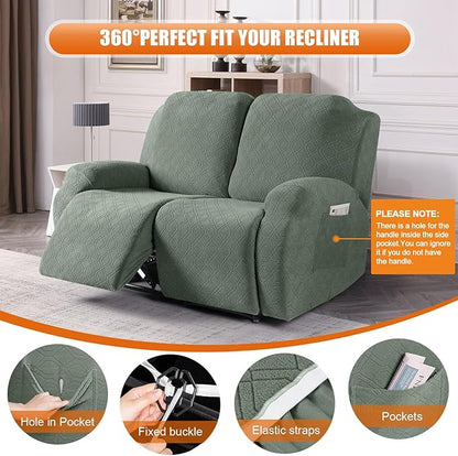 VANSOFY Recliner Cover, 2-Pieces Stretch Reclining Couch Cover with Pockets Loveseat Sofa Slipcovers Soft Washable Furniture Protector for Dogs Cats(Bean Green)