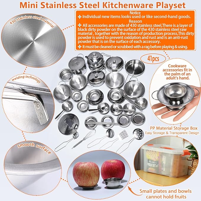 Mini Size Kids Kitchen Pretend Play Toys Accessories with Stainless Steel Cookware Pots and Pans Set,Classic Kitchen Accessories Cooking Utensils Set Tiny Role Play Cooking Play Toy for Kids Toddlers
